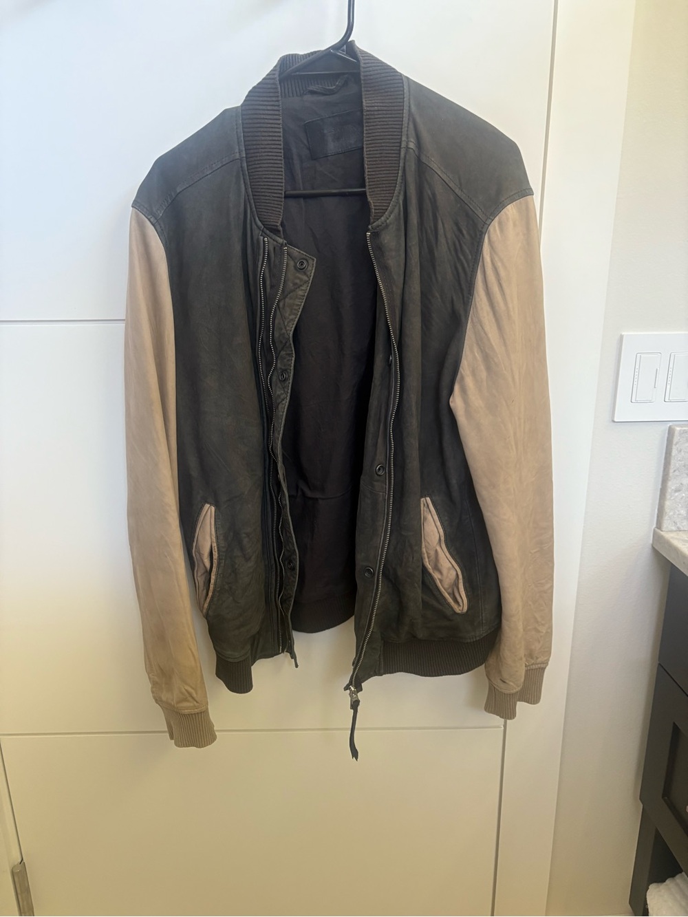 AllSaints Two-Tone Leather Bomber Jacket in Black & Beige